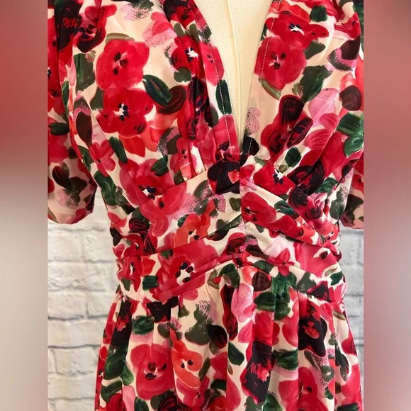 Romantic Floral Mini Dress Red & Pink Roses Empire Waist Low Cut Deep V-Neck - Picture 7 of 15